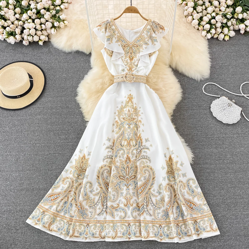 

Женское винтажное платье миди с каскадными оборками и V-образным вырезом