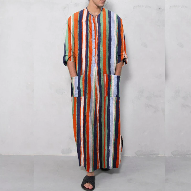 Men's Muslim Abaya Long Sleeve Arabian Striped Printed Muslim Robe Breathable Fashion 2022 Islamic Arabic Kaftan Jubba Thobe