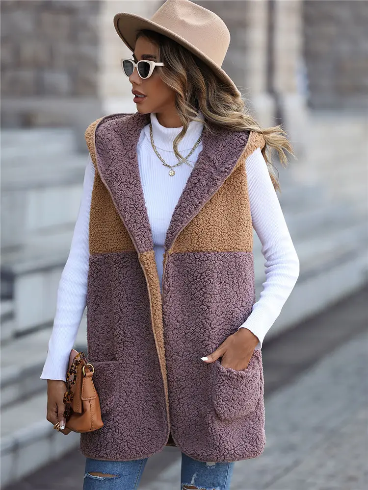 Женский зимний свитер из шерпа без рукавов с капюшоном пушистый флисовый