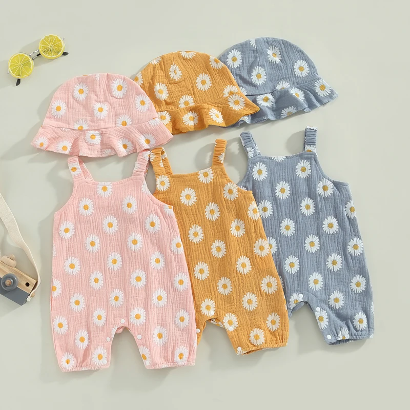 

Летние комбинезоны для новорожденных девочек, одежда из хлопка и льна для малышей, комбинезоны без рукавов с цветочным принтом, комбинезоны, шапки, повседневная одежда