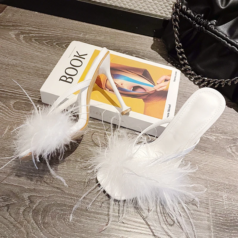 

2022 Fur Slippers Fashion Women Pumps Square Toe High Heels Shoes For Female Sandals Party Sexy Ladies Casual Outside Slides