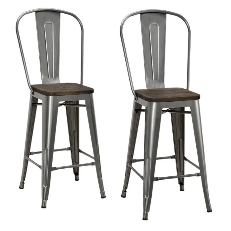 

2PCS 24" Metal Counter Stool Antique Gun Metal Distressed Wood Seat and Distressed Metal Frame for Home and Commercial Use