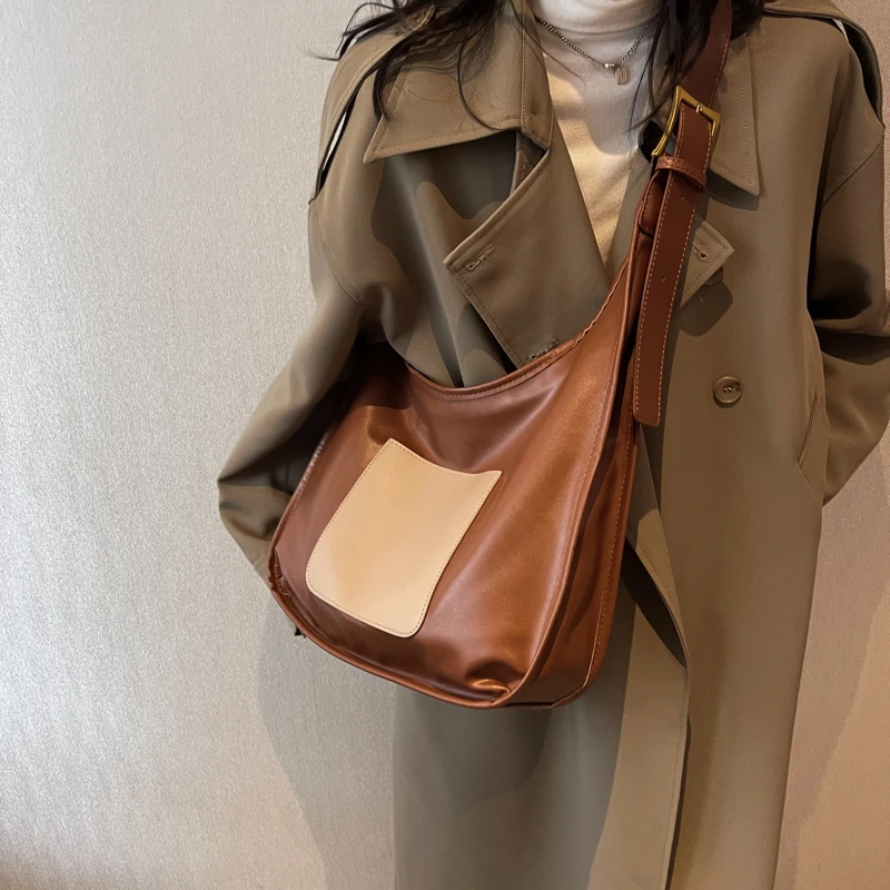 

Casual Contrast Color Crossbody Bag For Women Large Shoulder Tote Bag Bucket Handbag High Quality Soft Leather Underarm Bag Lady