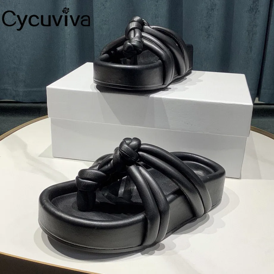 Шлепанцы женские кожаные Сланцы на толстой плоской подошве пляжные сандалии