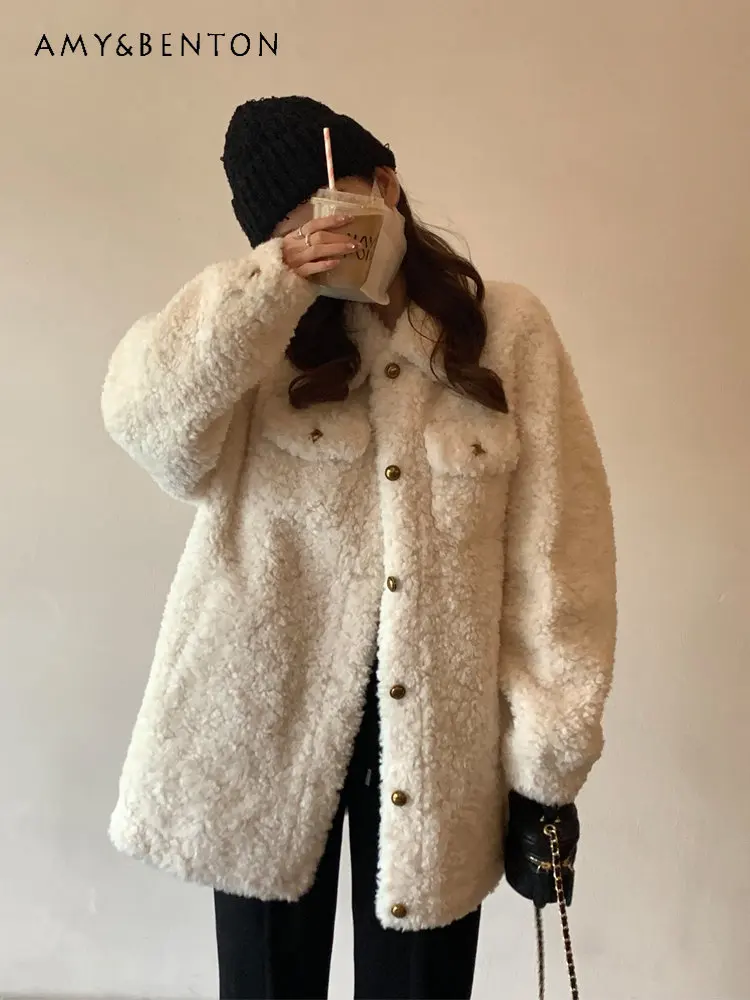 

Осенне-зимнее новое пальто из овечьей шерсти женское осенне-зимнее свободное меховое интегрированное пальто с длинным рукавом пальто с хло...