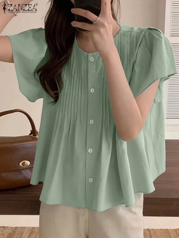 

ZANZEA Summer Fashion Solid Blouse Woman O-Neck Flare Sleeve Button Blusas Vintage Party Shirt Casual Holiday Tunic Tops