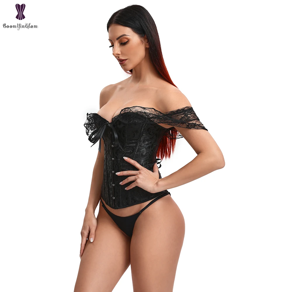 Women Lace Short Sleeve Corset White Black Red Waist Bustier Tops Overbust Korset