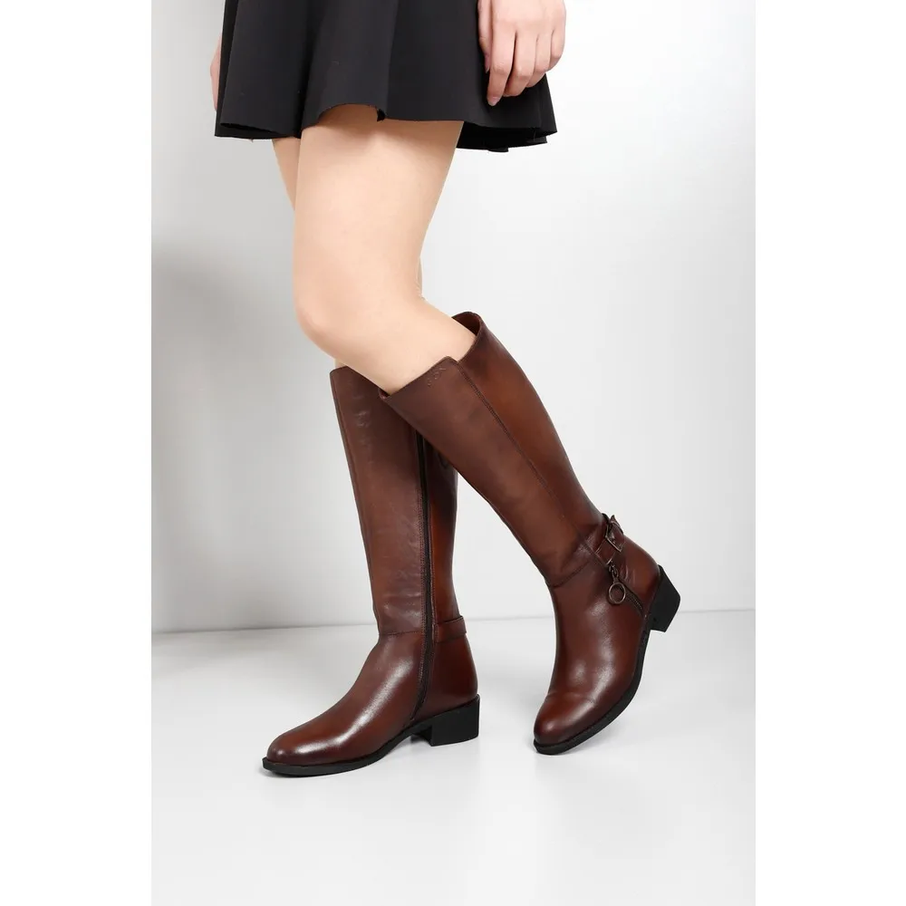 

Dorlie®Genuine Leather Round Toe Rubber Sole Heels Zipper Buckled Women Casual Boots 46515