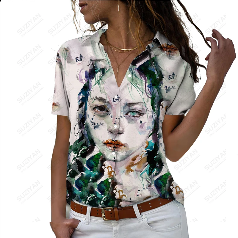 

Spring Autumn New Women's Short Sleeve Shirt Oil Painting Portrait 3D Printed Polo Button Personalized Street Short Sleeve Top