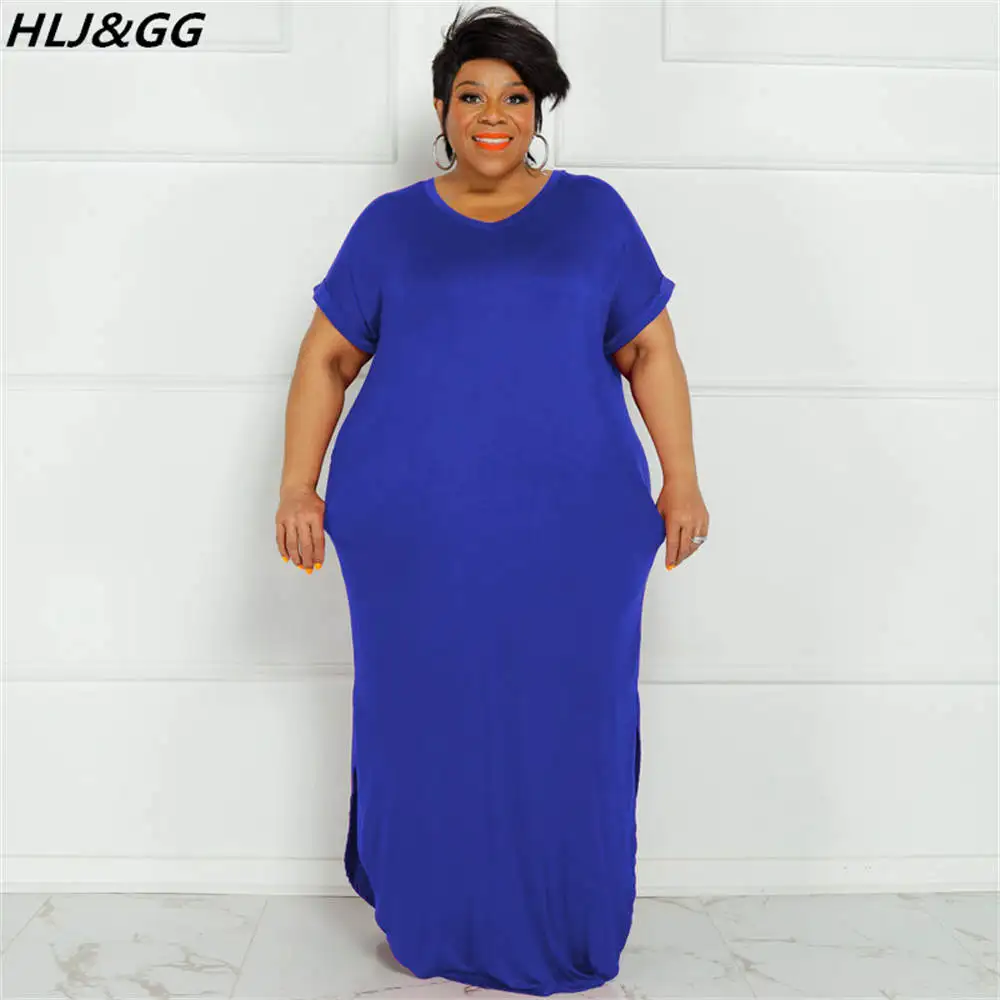 

HLJ&GG Plus Size Women Solid Color Dresses Casual Round Neck Short Sleeve Loose Side Slit Dress Female Clothing 2022 New XL-5XL