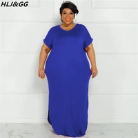hljgg plus size women solid color dresses casual round neck short sleeve loose side slit dress female clothing 2022 new xl 5xl