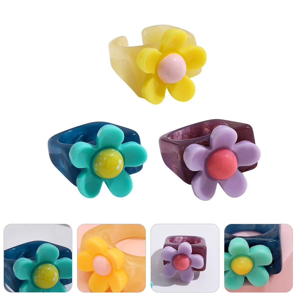 

3 Pcs Resin Flower Ring Gemstone Rings Women Finger Decoration Flowers Man Creative Decorative