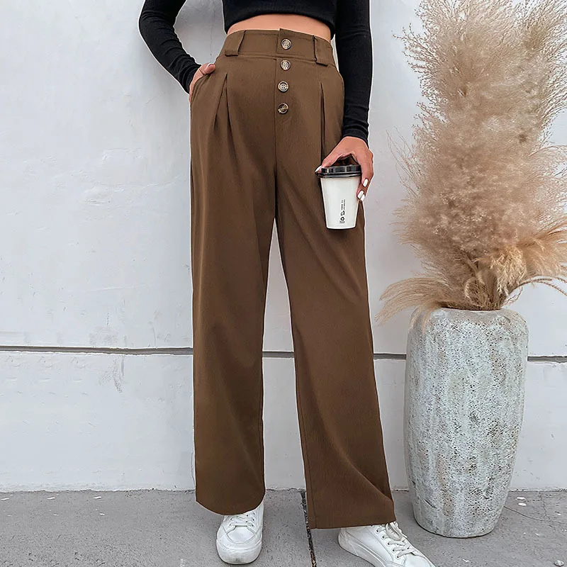 2022 New Autumn Casual Solid Color Trousers Commuter Style Button Wide Leg Pants Women брюки классика женский