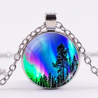 northern lights necklace green aurora borealis charm glass cabochon pendant necklace natural scenery women girls fashion jewelry
