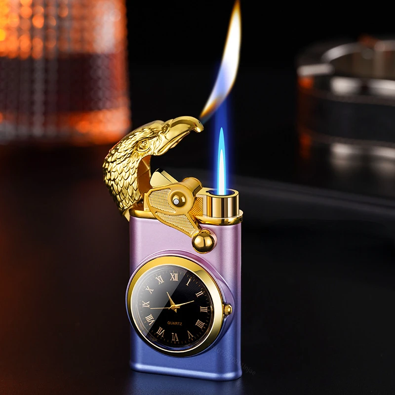 

New Watch Rocker Arm Double Fire Inflatable Lighter Windproof Creative Flame Dragon Eagle Crocodile Lighter Men's Watch Gift