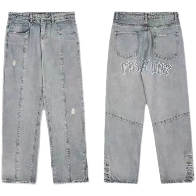 Men Jeans American High Street Loose Straight Hip Hop Jeans Embroidered Button Slit Wide Leg Casual Pants Ins Hot Hip Hop Jeans