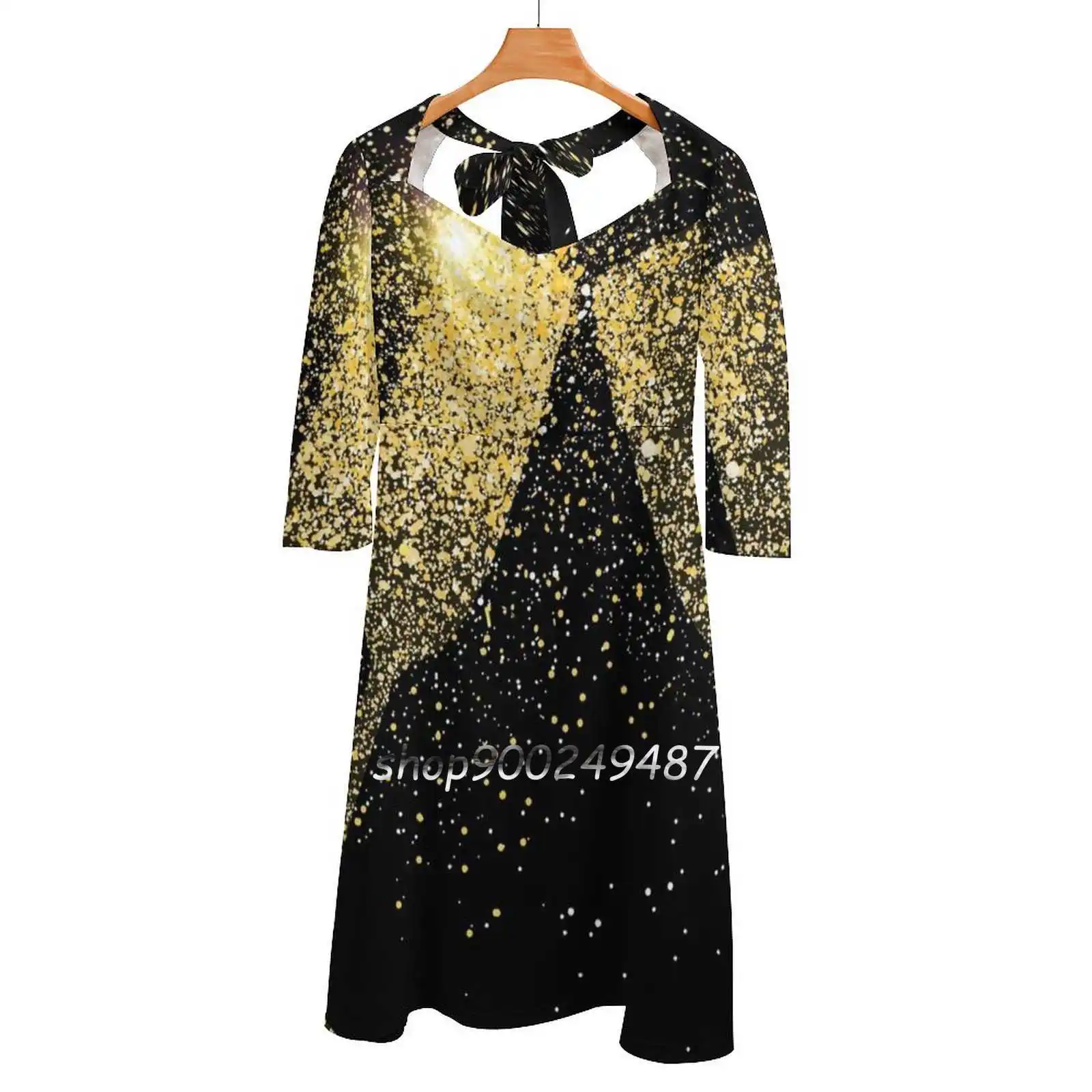 Платье с квадратным вырезом Happy New Year 2022 Cute Loose с элегантной печатью на пляжную вечеринку шампанским золотом.