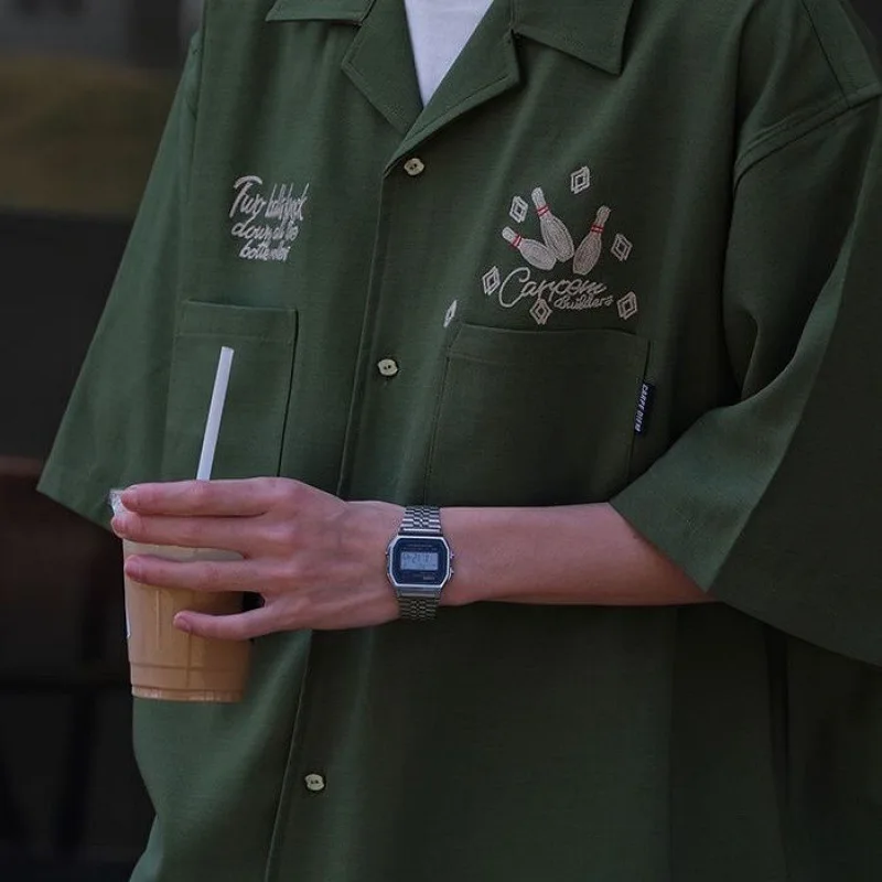 Summer Men's Workwear Short Sleeve Shirt Casual Fashion Loose Cuban Collar Bowling Embroidered Army Green Top 2022