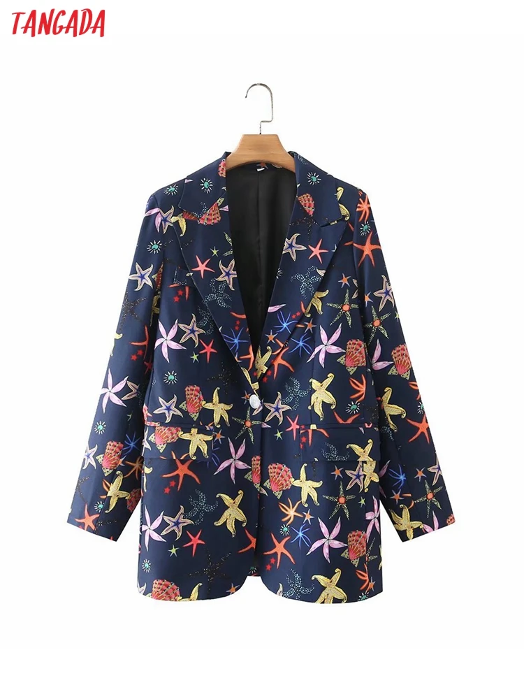 

Tangada Women Star Funny Print Blazer Coat Vintage Notched Collar Pocket 2021 Fashion Female Casual Chic Tops 3F42