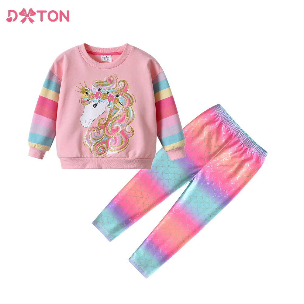 

DXTON Children's Costumes Girls Unicorn Cartoon Sequined Sweatershirt and Trousers Suits Kids Striped Cotton Casual Clothes Sets