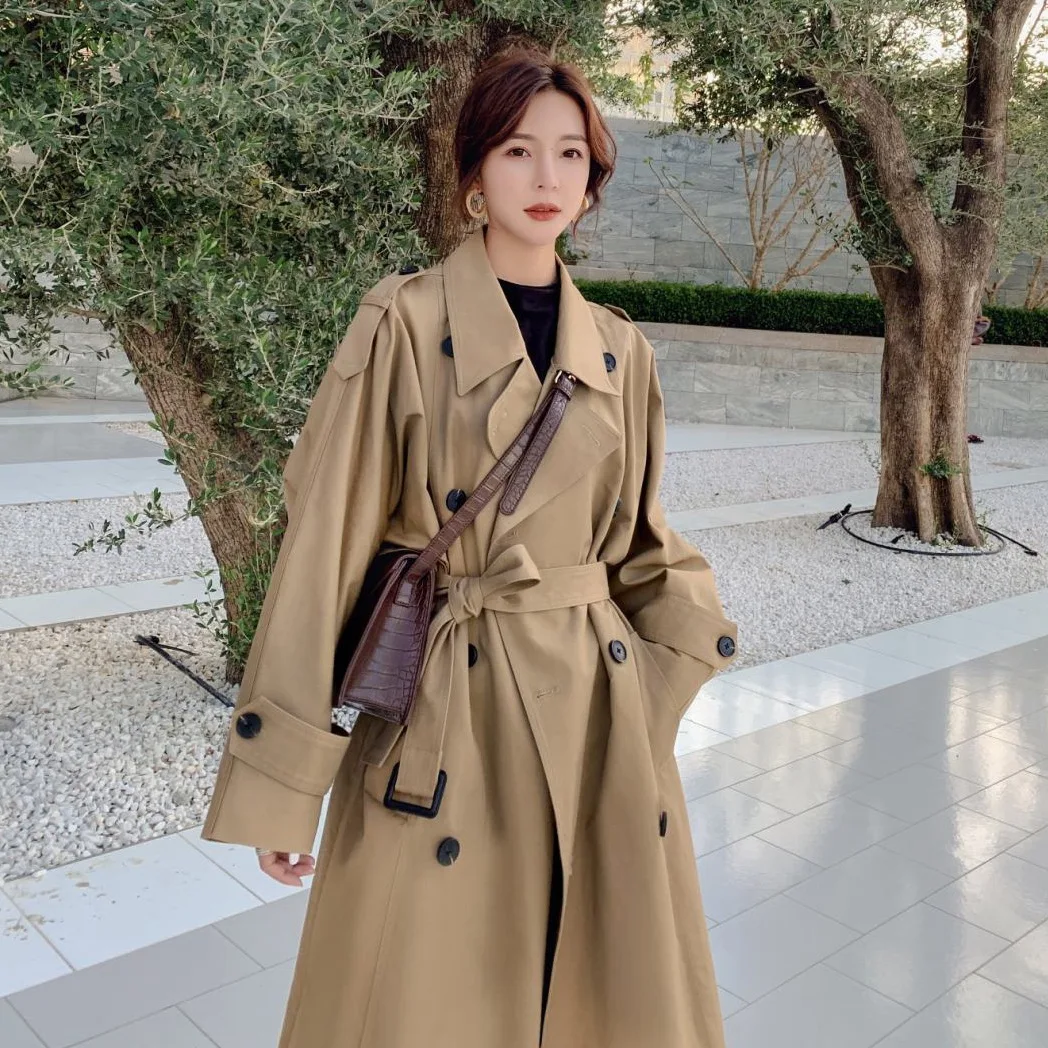 

SuperAen Korean Women's Chic Temperament Ol Suit Collar Double Breasted Loose Khaki Long Windbreaker Coat for Women
