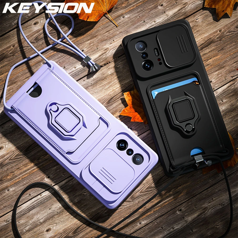 

KEYSION Shockproof Case for Xiaomi 11T Pro 5G Camera Protection Card Slot Bag Lanyard Ring Phone Cover for for Xiaomi Mi 11T 5G