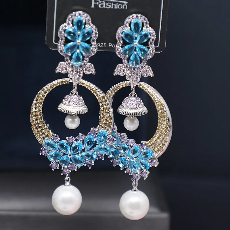 Brand Design Fashion Circle Pearl Eardrop For Women Brand Floral Bell Dangle Earings Gold Plated Cubic Zirconia Jewelry