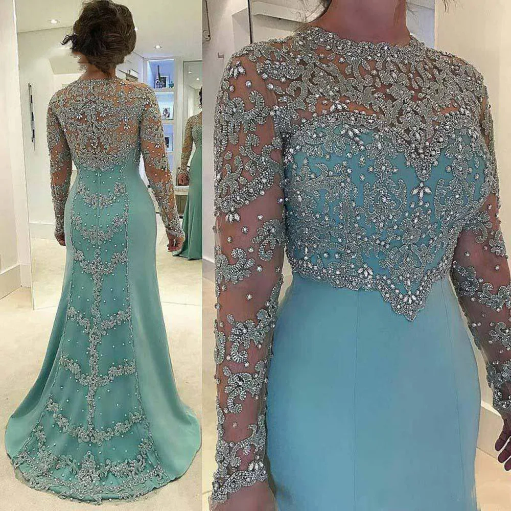 

2023 Beadings Mother Of The Bride Dresses Appliques Jewel Neck Illusion Long Sleeves A-line Formal Dinner Gowns Custom