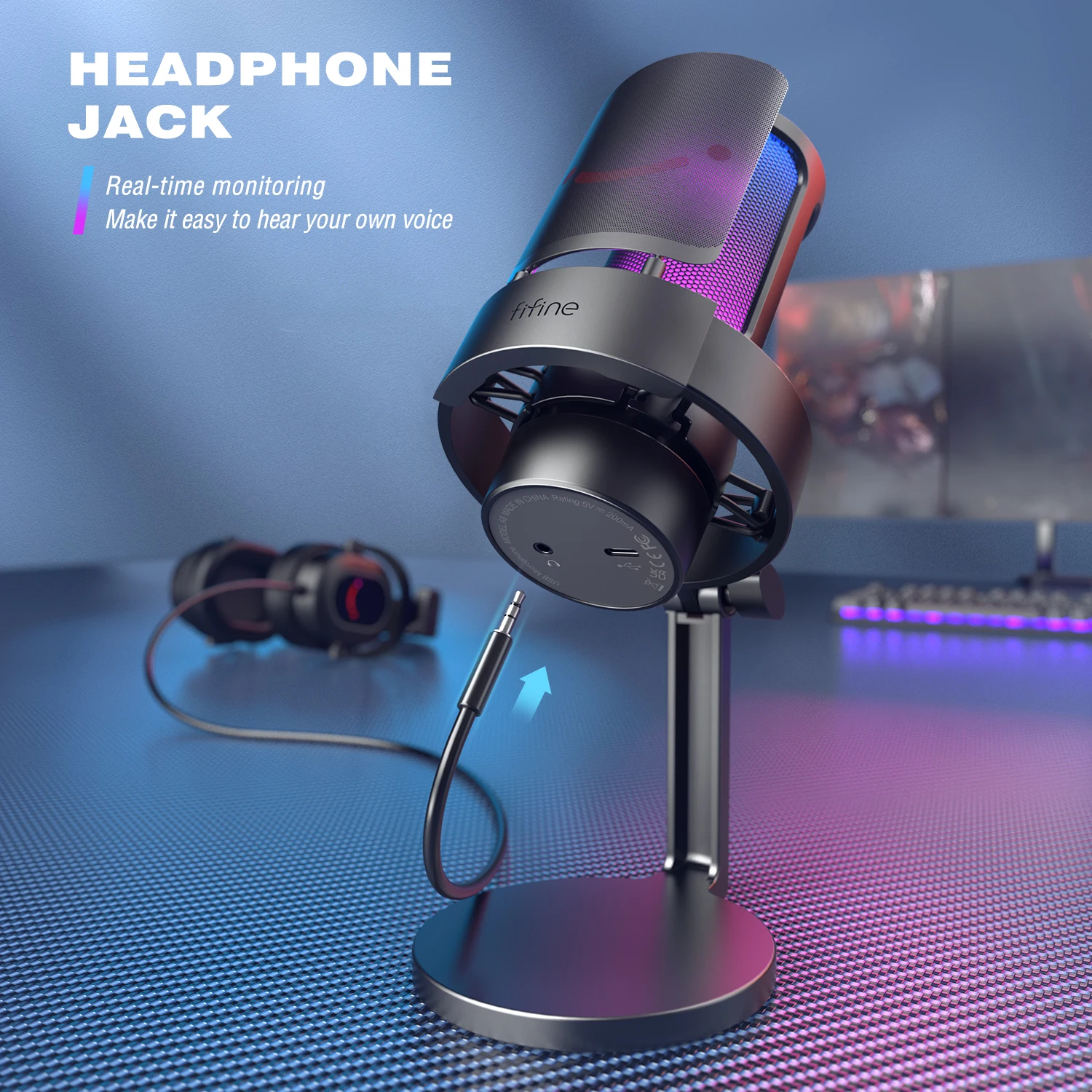 FIFINE USB Microphone for Recording and Streaming on PC Mac Headphone Output Touch-Mute Button Mic with 3 RGB Modes -A8 |