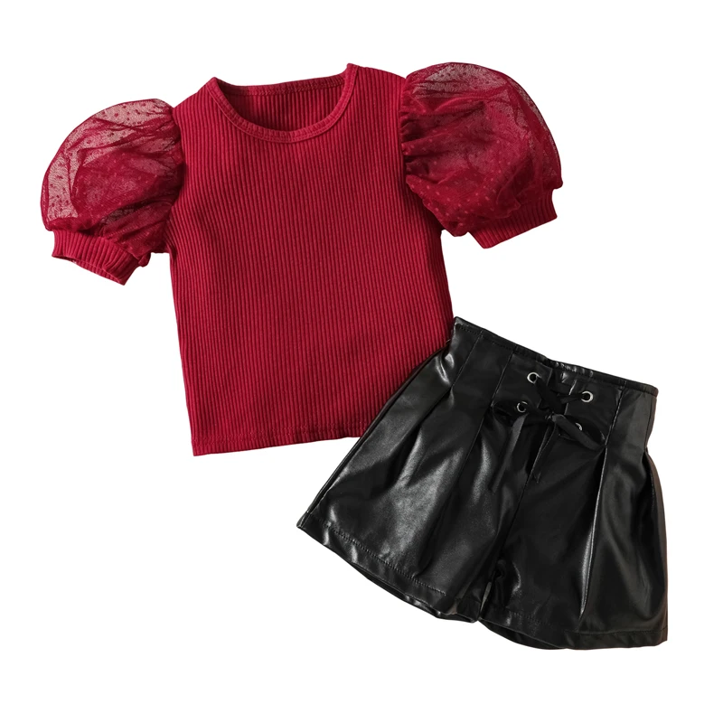 

Kids Girls Summer Clothes Outfit Mesh Patchwork Short Sleeve Rib T-shirt Tops and Casual Bandage Leather Shorts Set