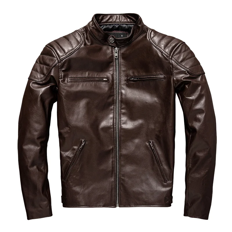 

High Quality Leather Real Men's Jackets Brown Sheepskin Stand Collar Genuine Coats Motorcycle Biker Outwear
