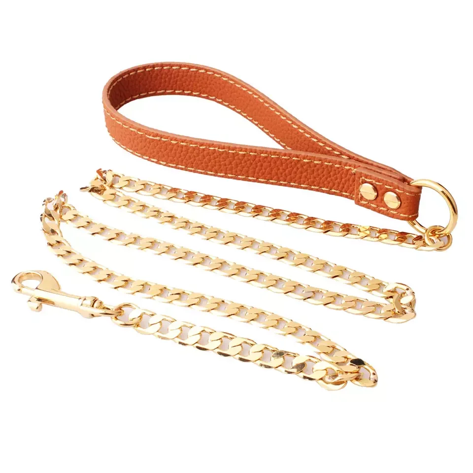 

Luxury Gold Stainless Steel Ropo Pet Dog Travel Leash Walking Belt Cuban Link Dog Chain Hunde Leine Laisse Pour De Chien