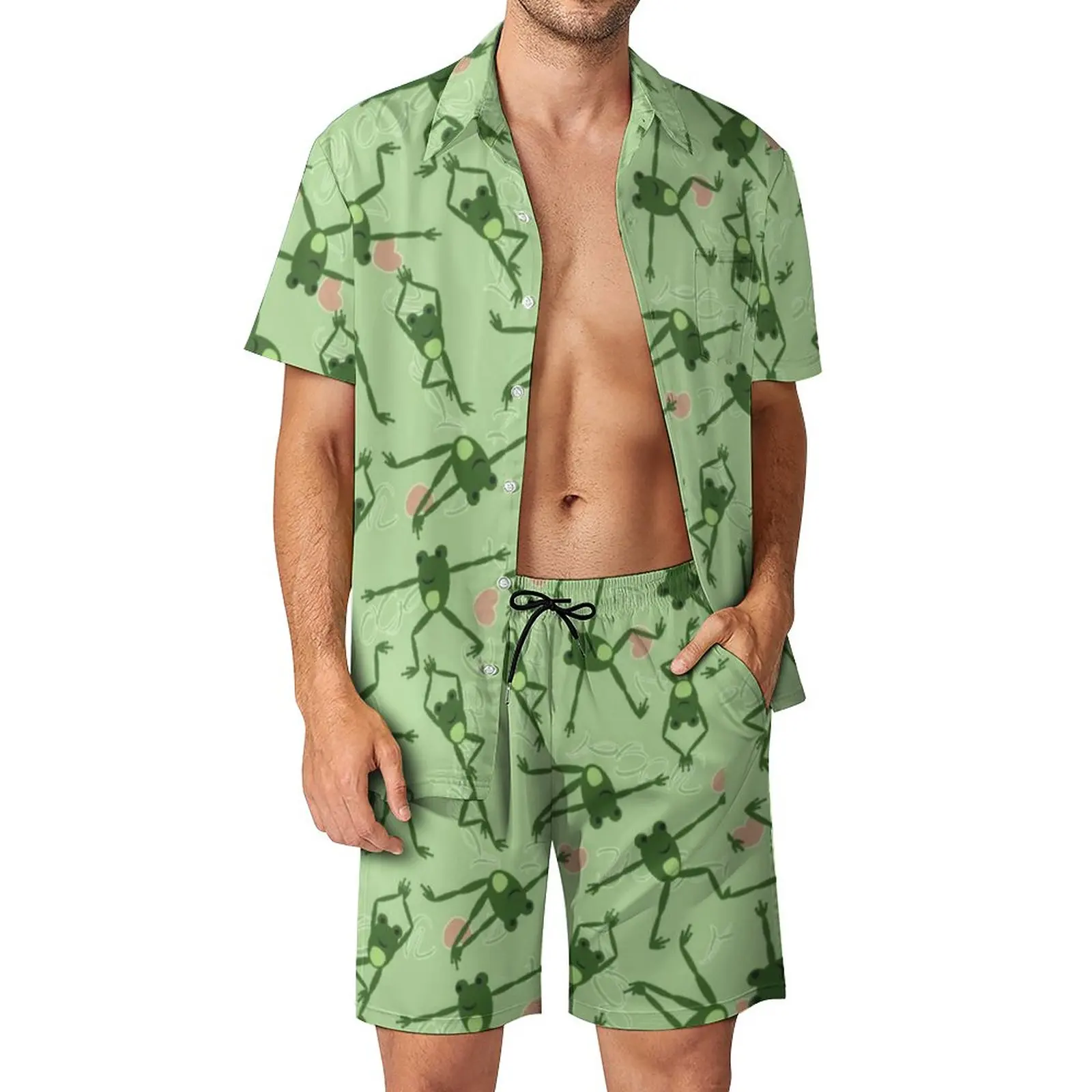 

Funny Frog Doing Yoga Men Sets Green Forgs Design Casual Shorts Trending Beach Shirt Set Short-Sleeved Graphic Big Size Suit