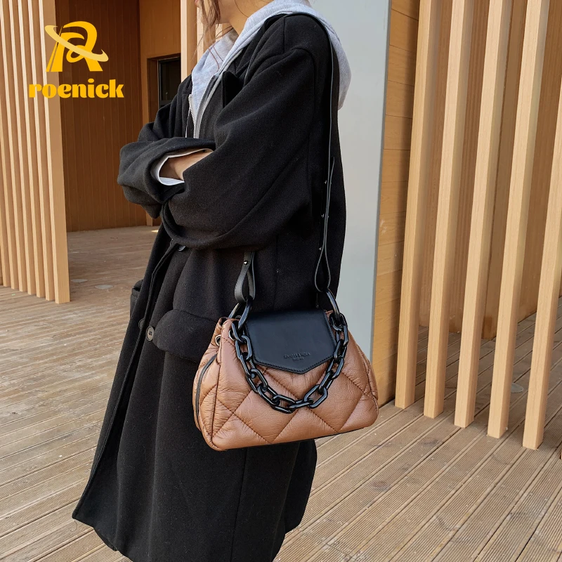 

ROENICK Women Kawaii Tote Bags Winter PU Leather Padded Quilted Designer Handbags Luxury Chain Shoulder Crossbody Top-Handbags