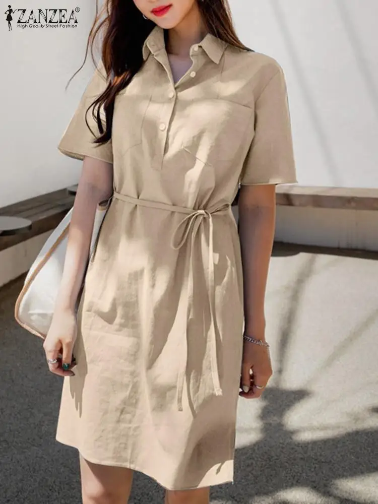 

ZANZEA Women Causal Shirt Dress Fashion Short Sleeve Lapel Solid Sundress Summer Knee-length Robe Femme Office Work OL Vestidos
