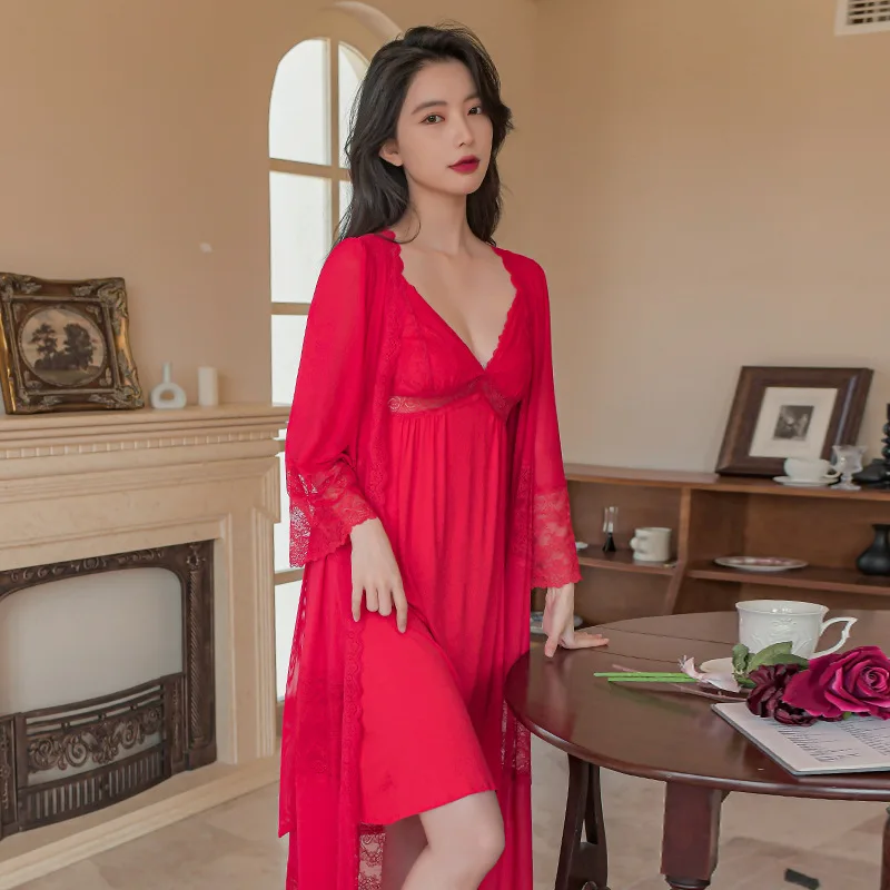 Red Collection Benmingnian Nightgown Women's Sexy Nightdress Spring Autumn Mesh Modal Sleepwear 2Pcs Set Homewear Lounge Set