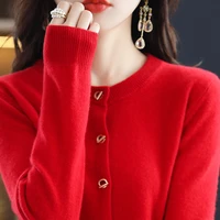 spring and autumn new 100 pure wool ladies round neck solid color knitted cardigan fashion high end wool sweater all match top