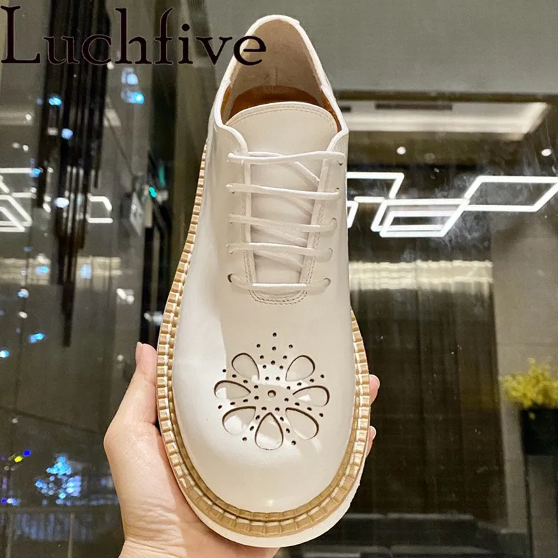 

2022 Spring Autumn New Leather Lace Up Round Toe Thick Sole Flats Shoes Brand Designer High Quality Casual Party Shoes For Women