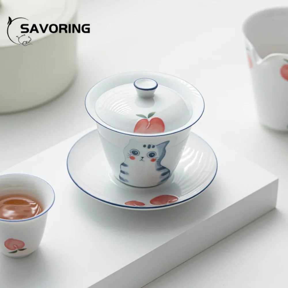 

150ml Hand-painted Cat Ceramic Gaiwan Luxury Tea Bowl with Saucer Lid Kit Tea Tureen Tea Maker Cover Bowl Cafes Supplies Craft