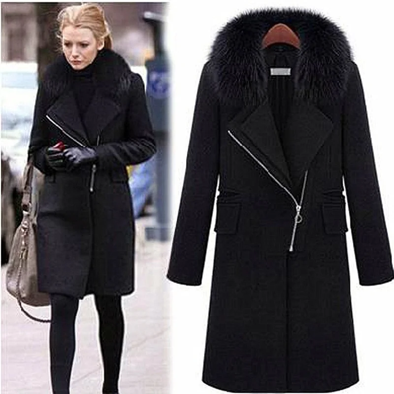 

Women Winter New Long Sleeve Fur Collar Warm Wool Coats Female Slim Fashion Temperament Comfortable Zippers Tweed Coat ZX1346