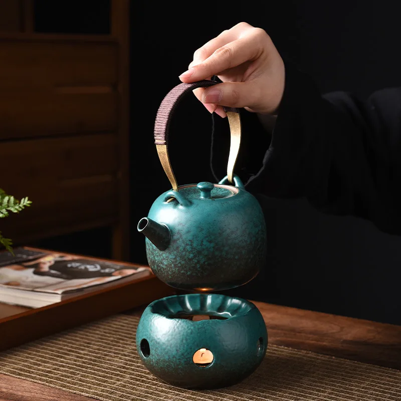 YXYMCF Japanese Retro Tea Warming Stove 380ml Beam Jug Teapot Ceramic Essential Oil Incense Burner Green Heating Candle Holder