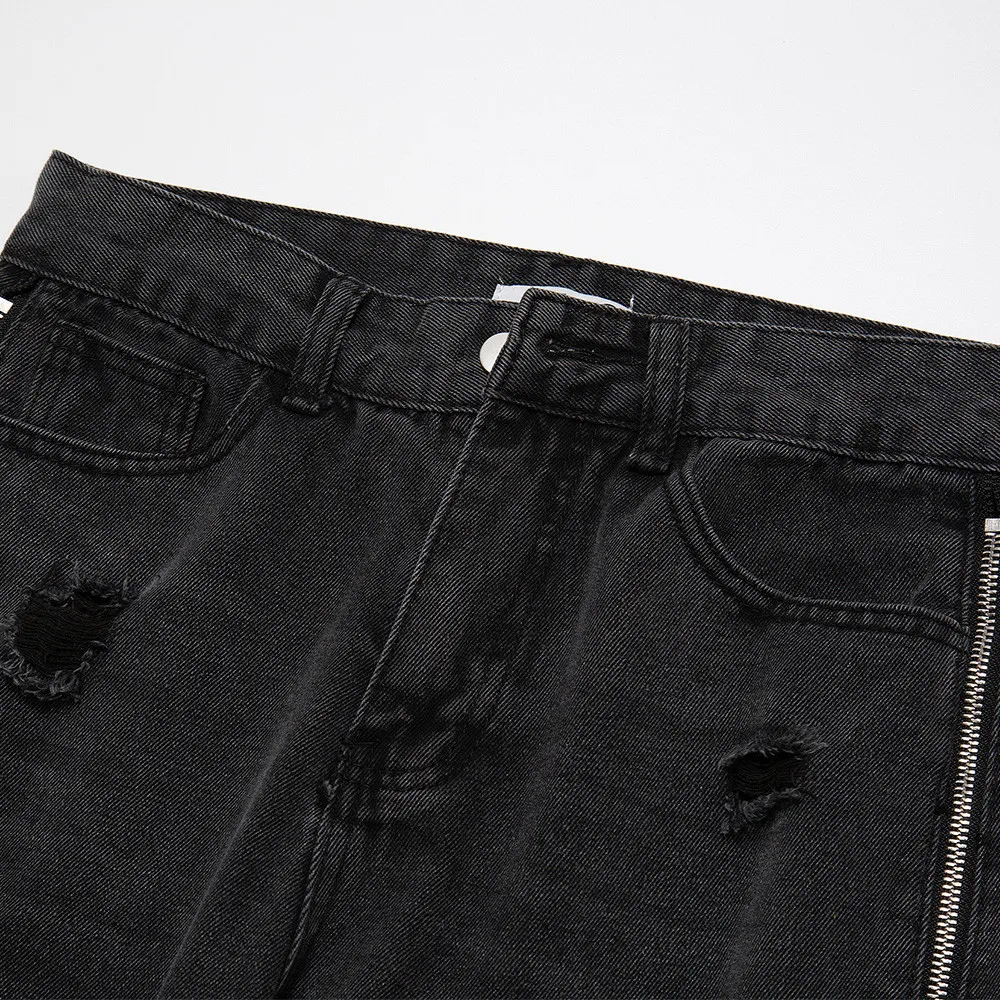 2022 New Streetwear Casual Hole Baggy Jeans Men's Korean Style Hip Hop Straight Side Zipper Trousers Couple Denim Pants Black