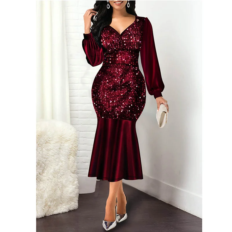 

2022 Fashion Designed Women Party Dress Solid Color Sequins Patchwork Long Petal Sleeve V-neck Western Style Evening Lady Dress