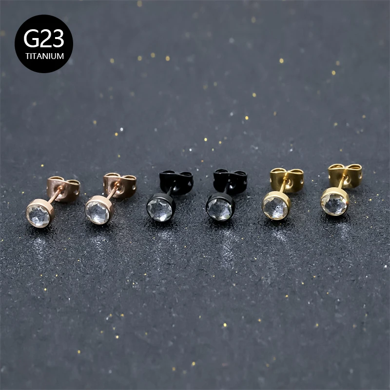 

1Pair G23 Titanium Crystal Gems Female 18K Gold Plated Stud Earrings Rose Gold Black 3-5mm Options Round Studs For Sensitive Ear