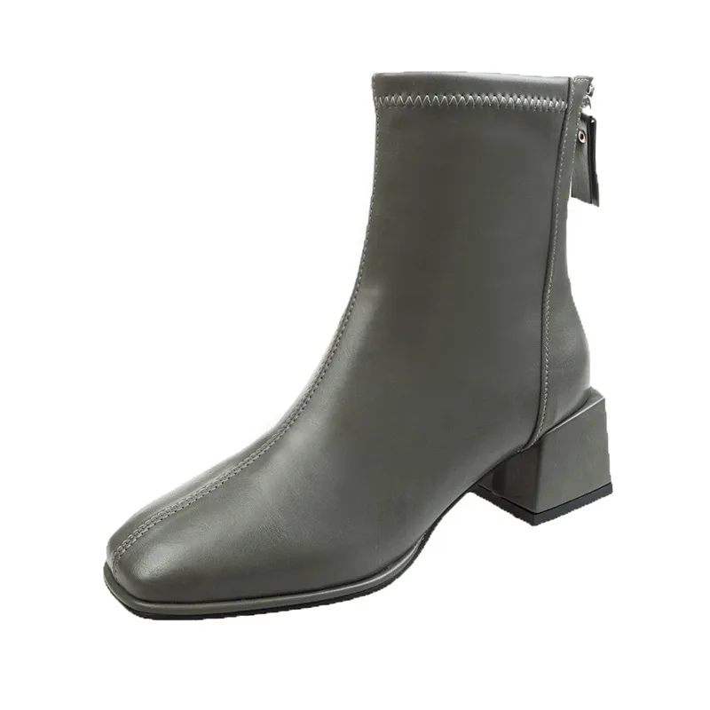 Luxury Brand Women Beige 7cm Block High Heels Ankle Boots 2022 Winter Female Square Toe Chelsea Boots High Quality Short Boots