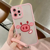 cute pink pig transparent lanyard phone case for iphone 13 11 12 pro max x xr xs max mini 7 8 plus shockproof cartoon soft cover