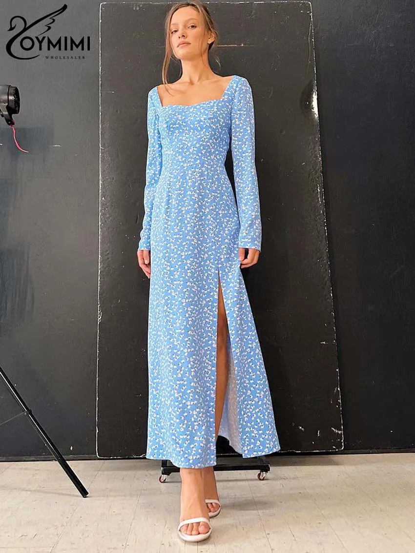 

Oymimi Fashion Blue Flowers Print Dresses For Women 2023 Elegant Square Neck Long Sleeve Dresses Casual Side Slit Straight Dress
