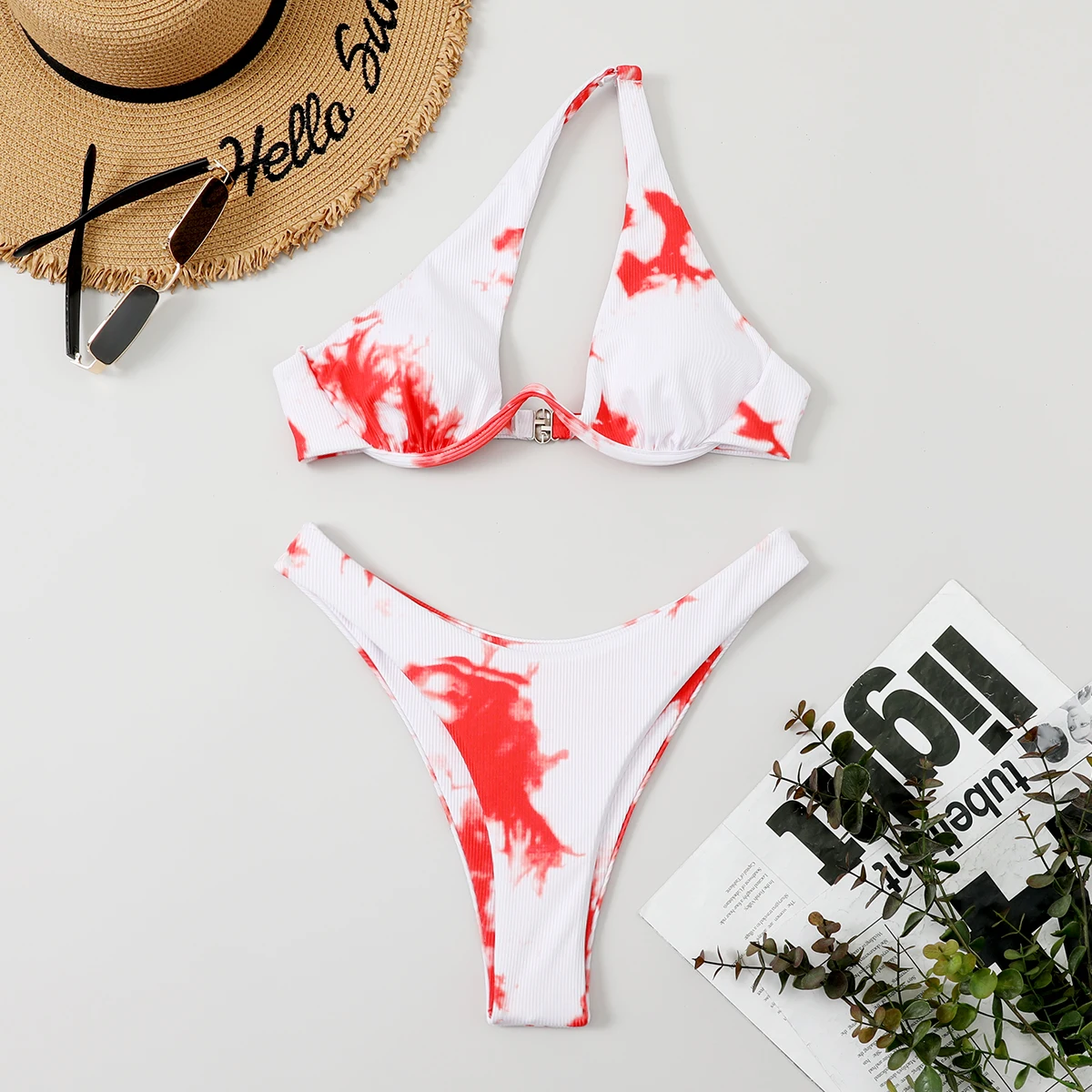 

2022 Red Tie Dye One Shoulder Push Up Swimsuit Women's Swimwear Sexy High Cut Bikinis Bathing Suit Mujer Bikini Set Beachwear