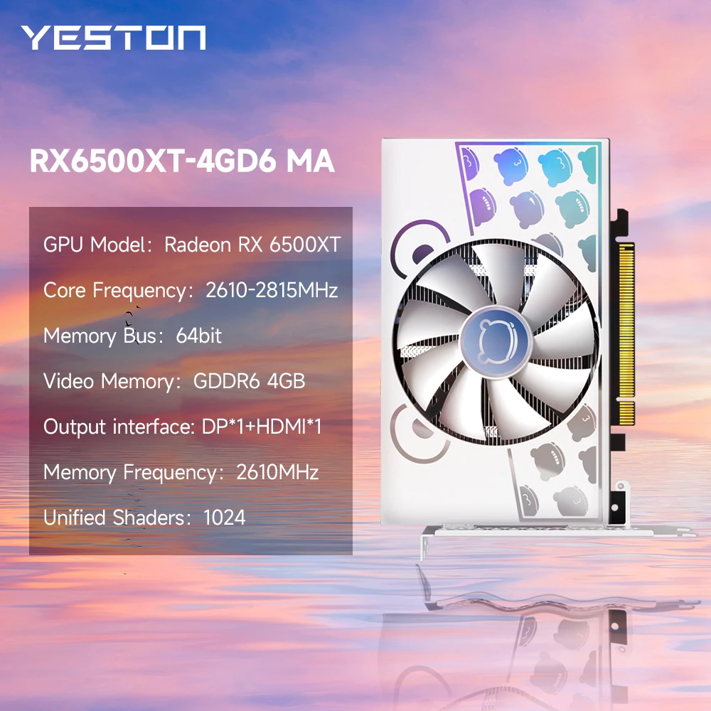 YESTON RX 6500XT Графическая карта GDDR6 4G 64-битный игровой компьютер GPU RX6500XT Desktop AMD RDNA 2