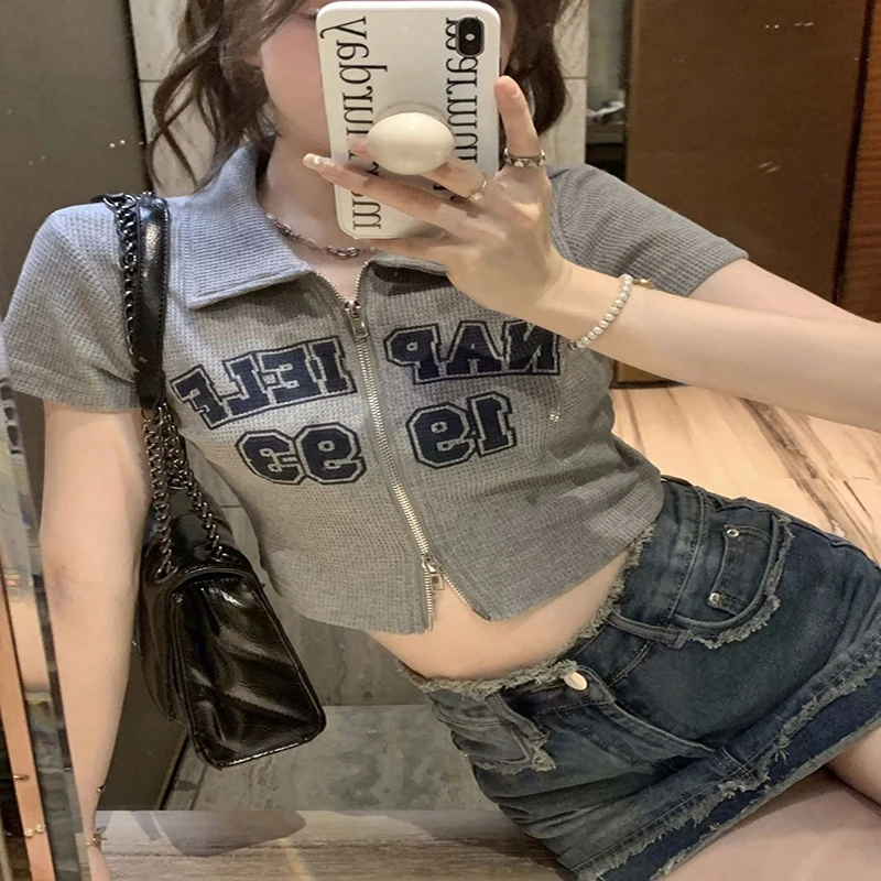2023 POLO Short-Sleeved Women Waffle Top Spring Summer Double Chain Head T-shirt Stretch Sweet Streetwear Casual Short Knit Tees images - 6